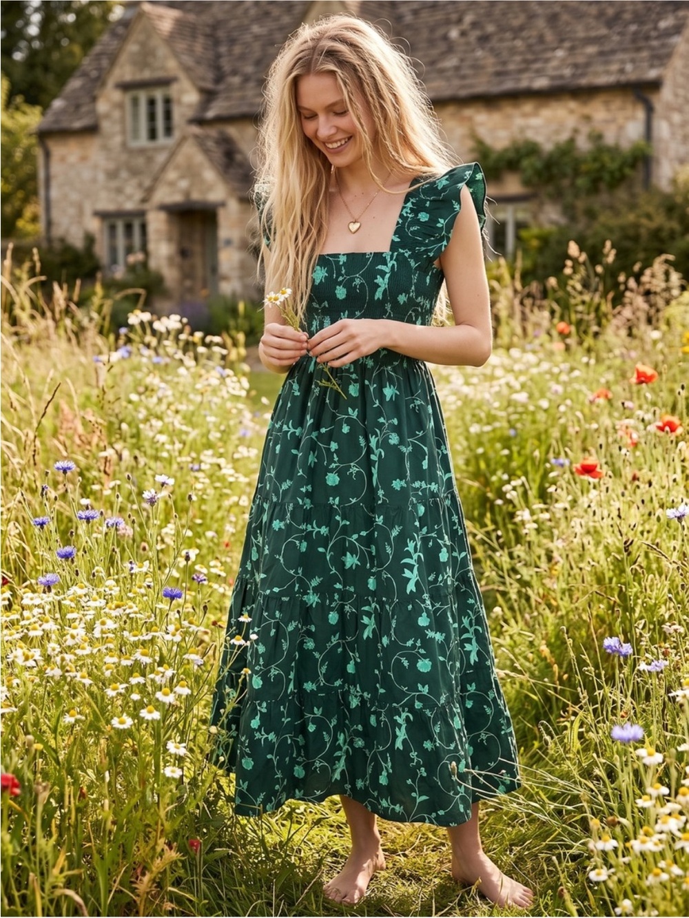 Hill House Emerald Green Ellie nap dress with Mint Print size XS